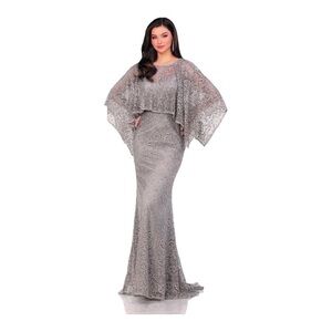 Lucci Lu Detachable Cape Lace Gown in Silver Grey NWT